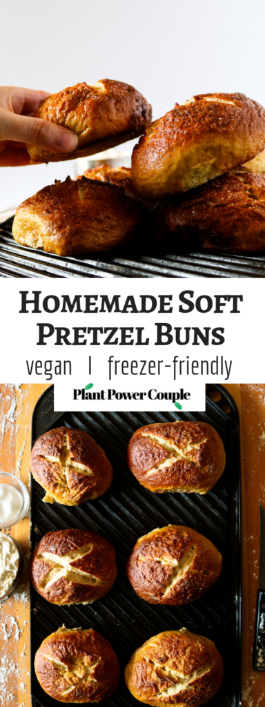 Homemade Vegan Soft Pretzel Buns! These soft pretzel buns add a great twist to veggie burgers and other sandwiches. They also make killer bread bowls for allll your winter soups! #vegan // plantpowercouple.com