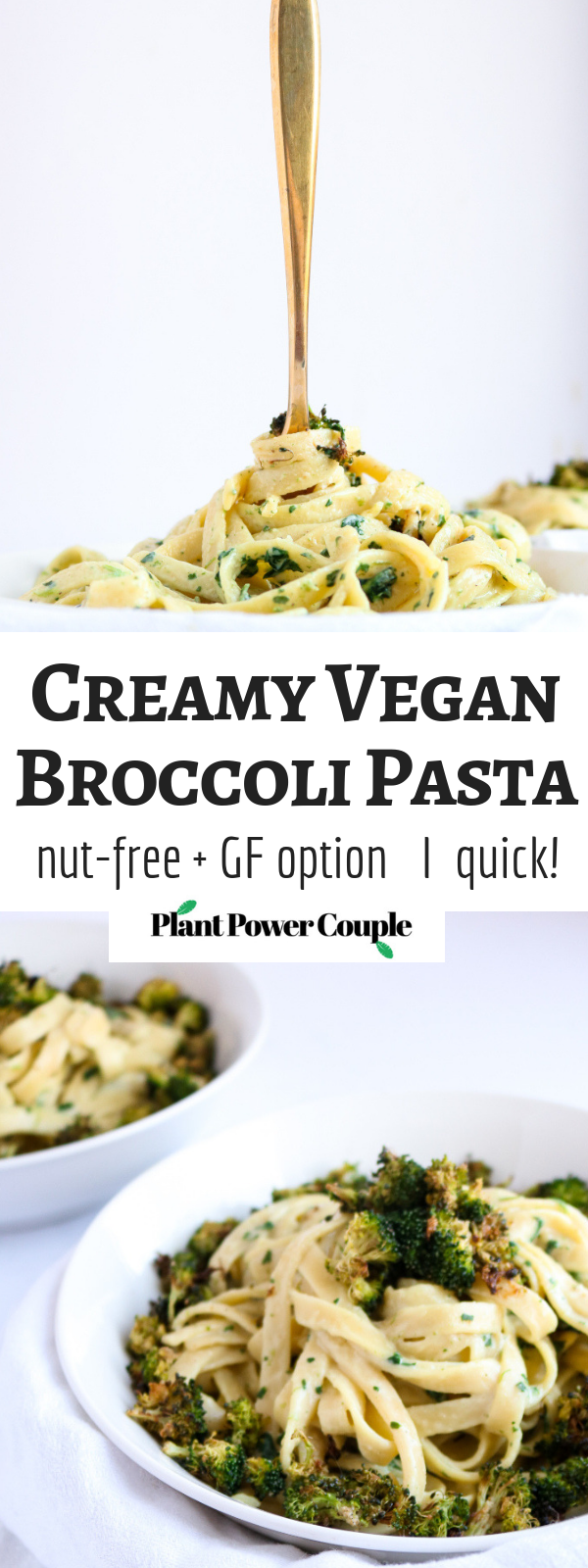 Make this easy vegan creamy broccoli pasta for dinner tonight! It's healthy, comforting, and requires ZERO cashew-soaking time. Blend, heat, and pour over pasta! #vegan #pasta #broccoli #veganrecipe // plantpowercouple.com