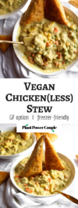 This vegan chicken(less) stew is the PERFECT winter comfort food! It's warm and soul-healing but also FULL of surprise veggies and flavor. It's also freezer-friendly and has a gluten-free option. #vegan #stew #veganrecipes #cauliflower #comfortfood // plantpowercouple.com