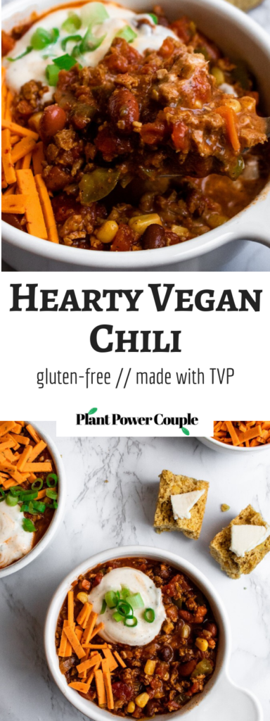 Simple vegan chili recipe, made with TVP, is warm and cozy like a bowl full of hugs! It’s a super easy and hands-off recipe that is perfect for meal prep or a busy weeknight dinner. Add everything to one pot and let it simmer. #vegan #veganchili #chili #plantbased // plantpowercouple.com