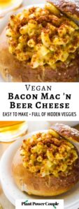 This vegan bacon mac and cheese is made with an easy cashew-free vegan beer cheese sauce and topped with crumbled vegan bacon. The cheesy flavor and ooey gooey texture will blow your mind! It’s also easy to make gluten-free and includes an oil-free option. #vegan #veganmacandcheese #veganbacon #vegancheese #plantbased #vegandinner #veganlunchideas
