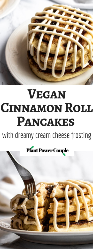 These vegan cinnamon roll pancakes are a deliciously indulgent dairy-free breakfast! They are fluffy pancakes with a coconut sugar + cinnamon swirl, topped with a decadent cream cheese frosting. #vegan #veganpancakes #cinnamonroll #cinnamon #veganbreakfast #pancakes #plantpowercouple #dairyfree // plantpowercouple.com