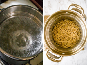 Two photos showing the process of cooking Pad Thai noodles for a chilled noodle salad.