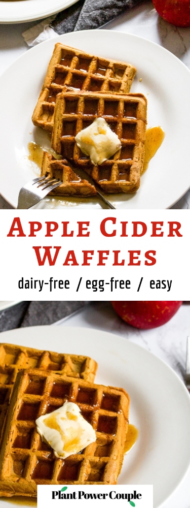These vegan apple cider waffles with ginger snap syrup are a fun fall breakfast recipe without any butter, milk, or eggs! It’s an easy way to use up extra apple cider and apple sauce. Plus, they can even be made into apple cider pancakes if you don’t have a waffle maker. Store them in the freezer and reheat them in the toaster for easy comfort food breakfast or snack on the go. #applecider #applerecipe #waffles #veganwaffles #fallbreakfast #veganbreakfast #dairyfreebreakfast