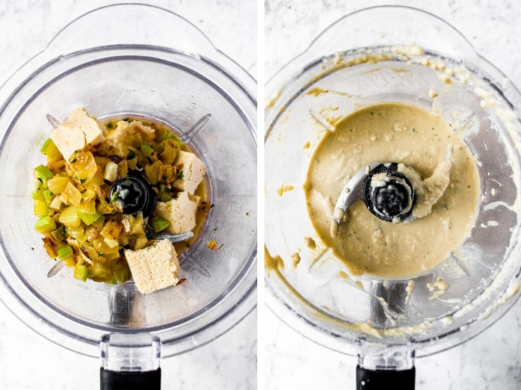 Two photos side by side showing the before and after of blending tofu with vegan butter, water, celery, onion, and garlic into a creamy sauce for our seitan roast
