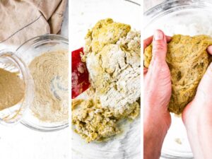 Three side by side photos of the process of making hoemeade seitan dough: whisk the dry ingredients, pour in the wet and stir, then knead for 30 seconds.