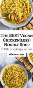 This vegan chicken noodle soup is the stuff of our childhood sick day dreams! Warm + cozy broth bursting with flavor, thick brothy noodles, tender chicken-free chicken. Easy, soothing, gluten-free option. #vegan #soup #plantbased #veganrecipe // plantpowercouple.com