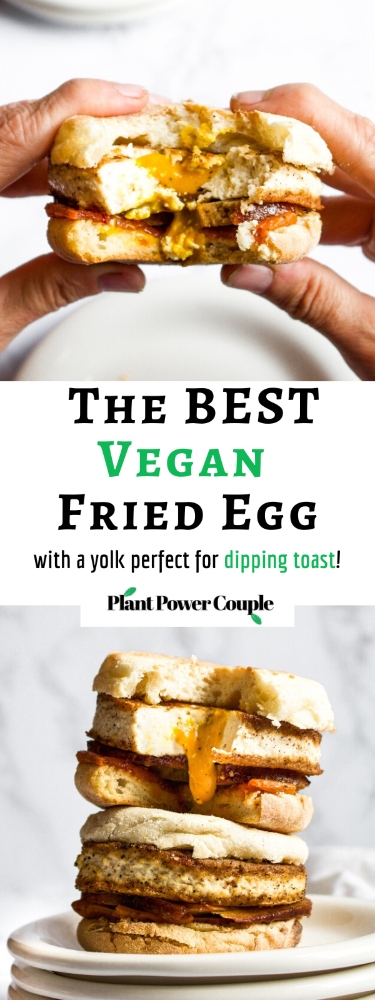 This vegan fried egg is such a fun and delicious recipe. It has a goopy vegan yolk sauce that drips out of the egg when you bite into it - just perfect for toast dipping or a messy fried egg breakfast sandwich. #tofu #veganegg #veganeggyolk #veganfriedegg #veganbreakfast #veganbreakfastsandwich #tofuegg #tofufriedegg #veganbrunch #comfortfood