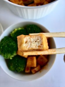 Sweet Sriracha Tofu made in the air fryer! It's a quick, easy, healthy weeknight dinner idea your family will LOVE! Air-fried is our new favorite way to eat tofu! // plantpowercouple.com