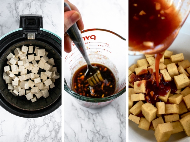 This easy air fryer tofu with a sweet sriracha sauce is our favorite quick tofu recipe! It’s perfect for a healthy weeknight dinner or meal prep lunch. Tofu is diced and air fried (with no oil needed!) and then tossed in a sweet and spicy sriracha sauce. Serve this sweet sriracha tofu recipe over rice and roasted veggies or in a vegetable stir fry!
