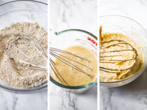 A grid showing the first three steps to making vegan pancake batter: whisk the dry ingredients, whisk the wet ingredients, stir both mixtures together until just combined.
