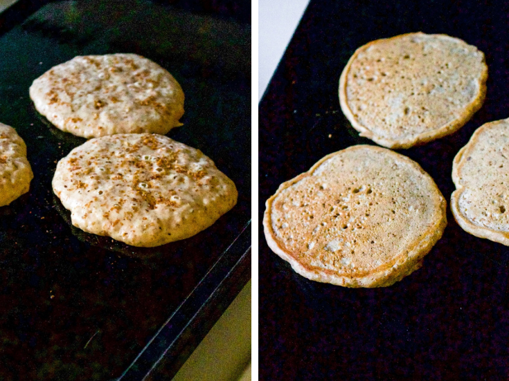 A grid showing the process of cooking vegan bacon pancakes: Pour 1/4 cup pancake batter on heated grill, sprinkle with coconut bacon. Then, flip and cook another couple minutes.