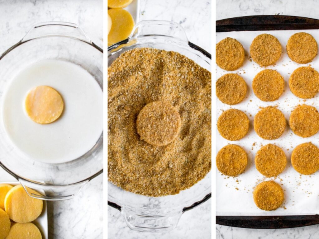 Three photos showing the process of breading and baking polenta circles to make mini pizza crust: dip them in non dairy milk, coat them in vegan bread crumbs, and arrange on a baking sheet.