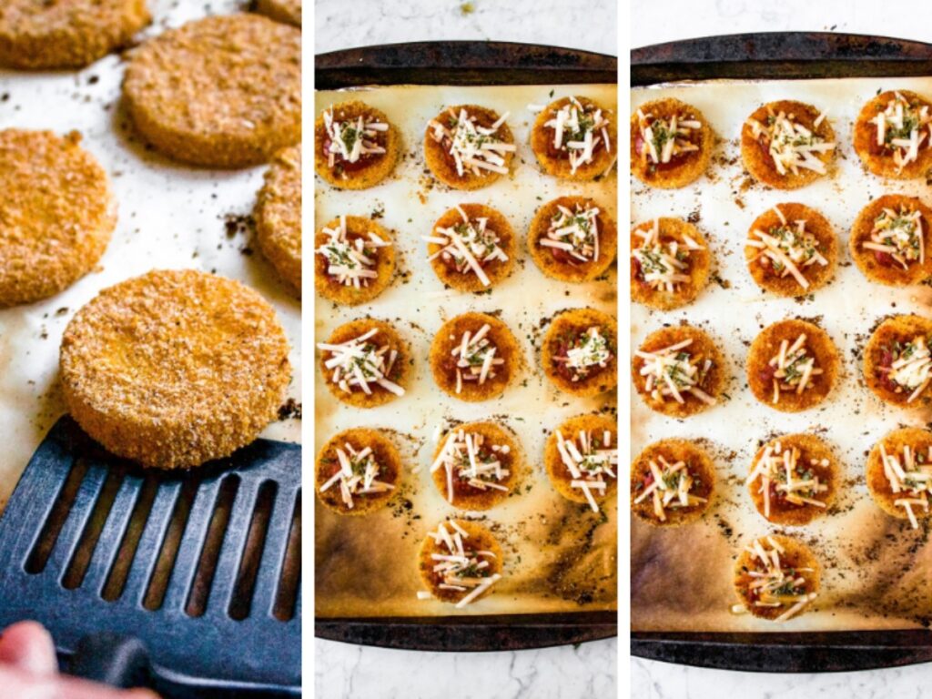 Three photos showing the process of making polenta pizza bites: bake the breaded polenta circles, top them with pizza sauce, non dairy cheese, and dried herbs. Then, bake until the vegan cheese melts.