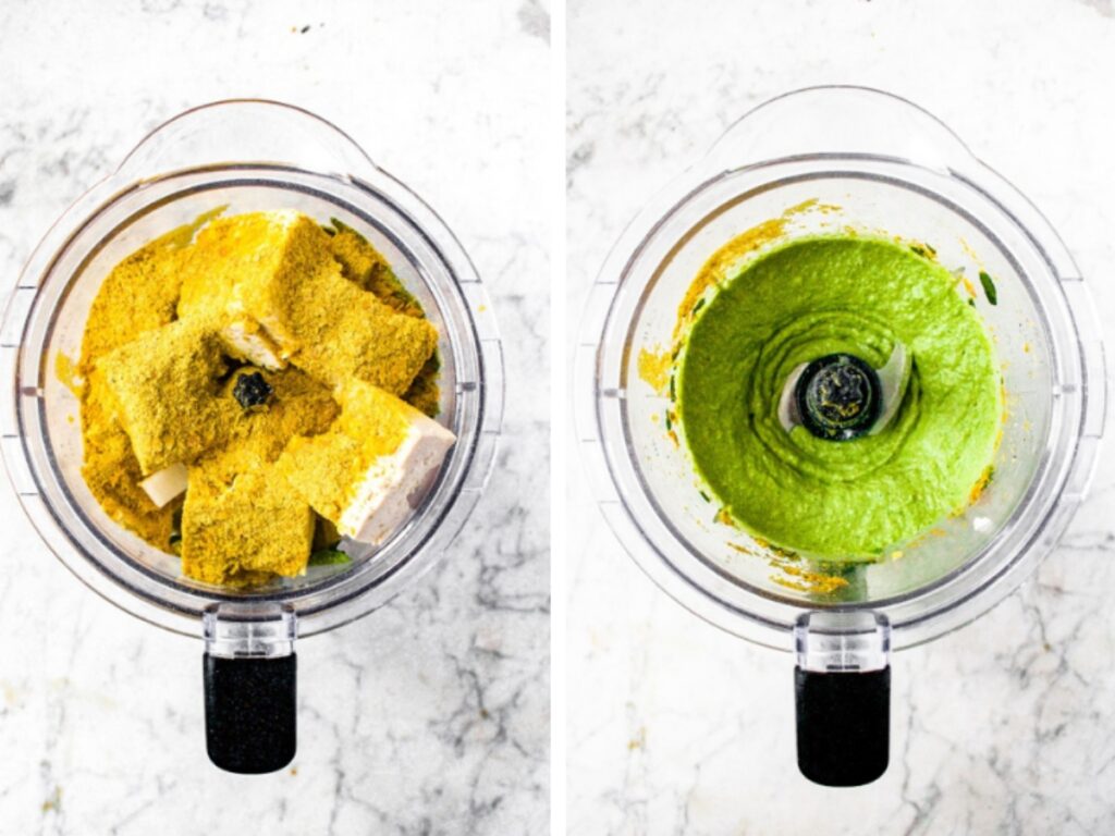 Two side by side photos showing the process of making dairy free spinach ricotta: Add tofu, cashews, nutritional yeast, lemon juice, olive oil, spinach, and spices to blender and blend until smooth