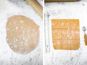 Two photos side by side showing the steps of creating ravioli squares: Roll out the homemade vegan ravioli dough into a thin oval, cut off the ends to make a rectangle and then cut 3 inch squares