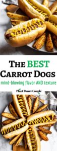This is the BEST carrot dog recipe. It’s simple to make, and the marinade uses common pantry staples. Both the flavor and texture are so mind-blowing; you’ll be shocked you’re eating a carrot! #vegan #carrotdog #carrots #vegetarian #plantbased