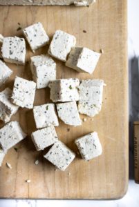 The most awesome vegan feta cheese! It’s slice-able, crumbly, easy to make, and flavorful’. Great for salads, snack plates, pitas, and pastas! #vegan #vegancheese #veganfeta #tofu #dairyfree #plantbased