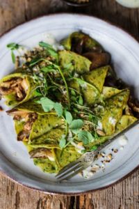 10 (Vegan) Ways to Get Your Greens That Aren't Salad or Gross: Spinach Crepes with Mushrooms, Basil Pesto, and Tahini Dressing by Rebel Recipes
