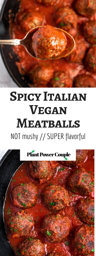 The BEST Vegan Meatballs made with TVP. They're SUPER meaty, full of spicy Italian flavor, and NOT mushy - our #vegan #meatball dreams come true! #vegetarian #veganmeatballs #plantbased #plantpowercouple // plantpowercouple.com