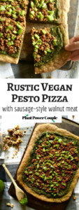 This vegan pizza is THE BEST! Rustic wheat crust, flavorful pesto, and smoky walnut sausage. It's easy to make and VERY fun to eat! // Recipe from plantpowercouple.com