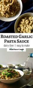Creamy vegan roasted garlic sauce that is completely dairy-free and VEGAN! No cashew-soaking required, just roast your garlic, blend the ingredients, and pour over pasta! // Recipe from plantpowercouple.com