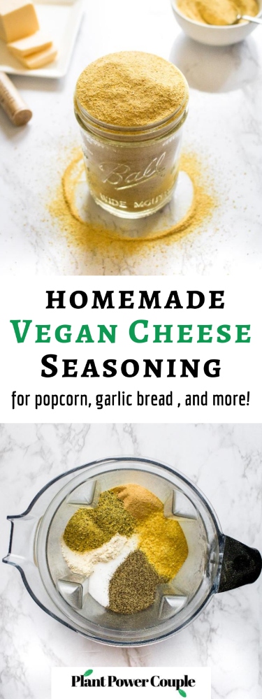 This easy 6-ingredient vegan cheese seasoning is a staple in our kitchen! Use it as a dairy-free parmesan on pasta, a cheesy popcorn seasoning, and mix it with vegan butter to make the BEST dairy-free garlic bread. It can also be used to make an easy cheesy pasta sauce! #vegan #vegancheese #veganseasoning #dairyfree #plantbased #nutritionalyeast #veganpopcorn