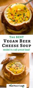 This cozy vegan beer cheese soup is nut-free and tastes like actual beer cheese soup, not just a healthy version of it! Surprisingly though, this cozy soup is dairy-free, easy to make gluten-free, and includes an oil-free option along with some sneaky hidden veggies. Make it for your Oktoberfest feast at home with ALL the German beers! #vegansoup #vegancheese #veganbeercheese #plantbased #veganrecipe #easyveganrecipe