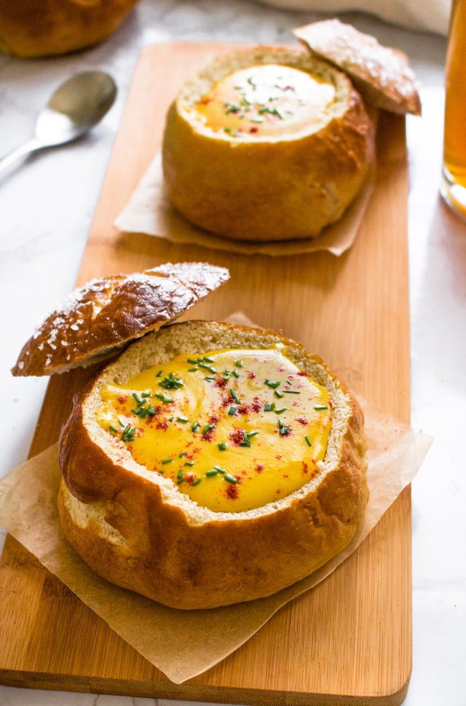 Vegan Beer Cheese Soup in a Soft Pretzel Bowl