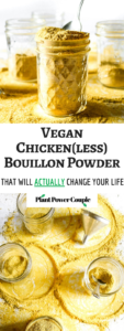 Make your own vegan chicken-style bouillon powder with 7 ingredients, 1 food processor, and less than 10 minutes. Use it to make THE most flavorful chicken-free broth for soups, stews, seitan + tofu marinades, etc. #vegan #veganchicken #veganrecipe #easyveganrecipe #nutritionalyeast #turmeric #plantbased #plantpowercouple // plantpowercouple.com