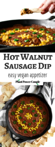 This hot walnut sausage dip may not be the prettiest appetizer on the table, but you'll forget all that the minute you take a bite. So much flavor, a rich, stick-to-your-ribs texture, and easy to make #vegan #appetizer! // plantpowercouple.com
