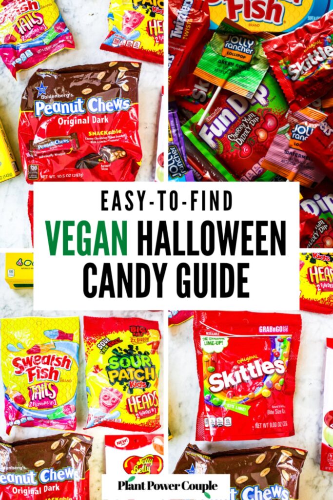 Four photos showing a variety of vegan candies including peanut chews, skittles, sour patch kids, swedish fish, and jolly rancher lollipops. Text reads: easy to find vegan halloween candy guide