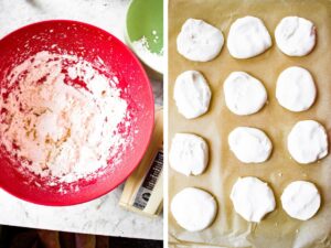 Two side by side photos showing the process of mixing and forming peppermint cream filling into patties