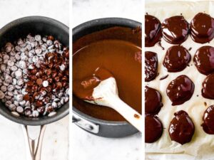 Three side by side photos showing the process of melting vegan chocolate and coating peppermint cream patties in it
