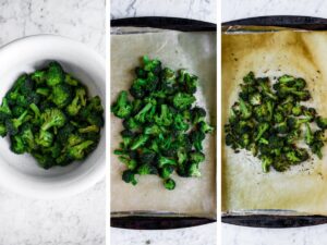 Three photos next to each other showing the process of roasting broccoli.