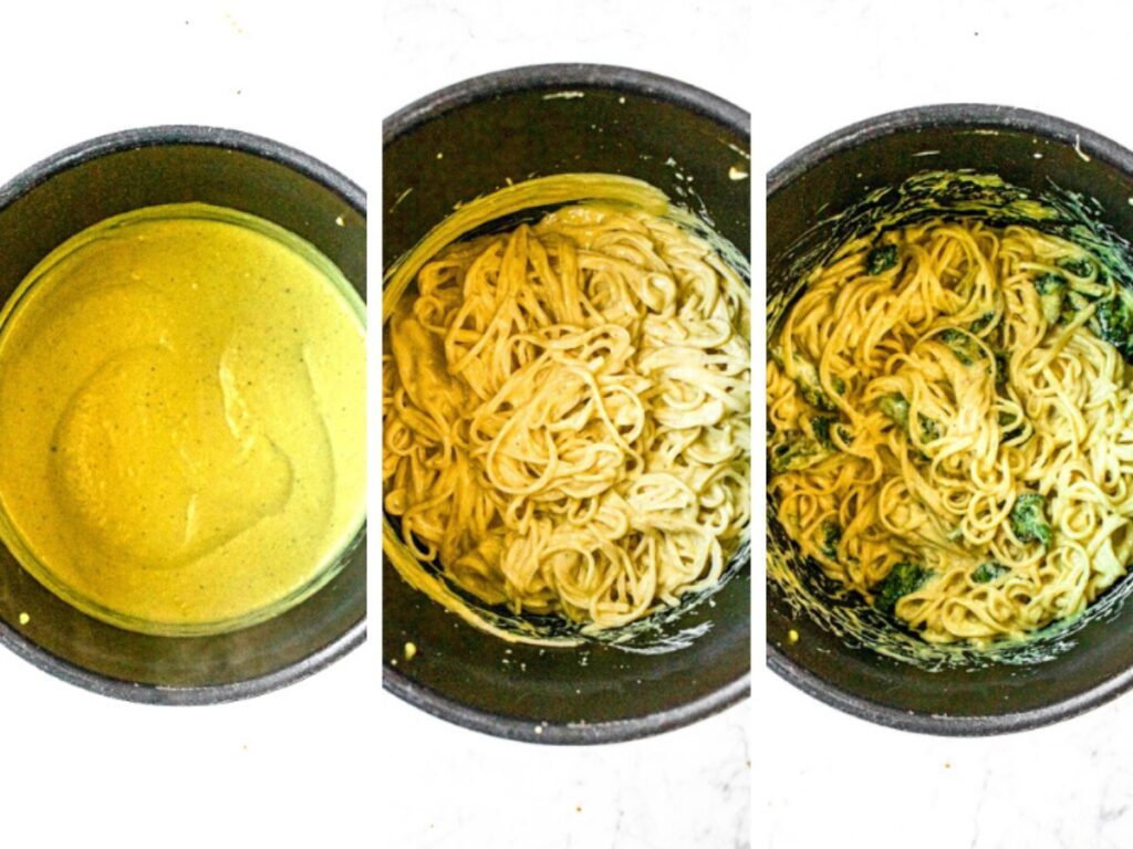 Three side by side photos showing the process of assembling your creamy vegan pasta with broccoli