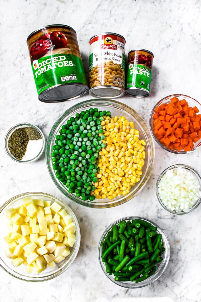 Overhead photo of all the ingredients you need to make copycat Campbell's vegetable soup