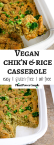 This easy vegan chicken and rice casserole is going to rock your busy winter weeknights. It's rice and veggies and gravy all cooked up and topped with meaty soy curls. Just dump, bake, and enjoy. #vegan #casserole #broccoli #soycurls #rice #veganrecipes // plantpowercouple.com