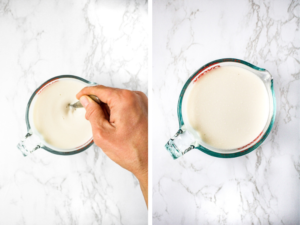 Two photos showing how to make vegan buttermilk: Mix non dairy milk with apple cider vinegar and let it sit for five minutes.