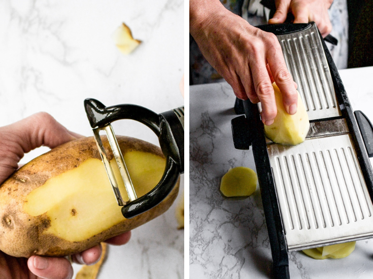 Two photos: Peeling potatoes and slicing them on a mandolin