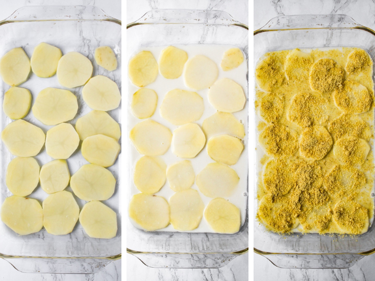 Three photos showing how to layer potatoes in a casserole dish to make vegan scalloped potatoes