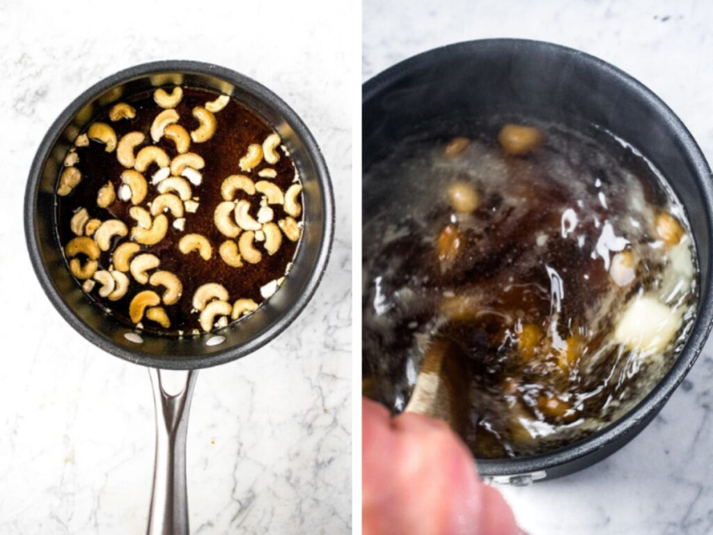 Two side by side photos showing the first two steps of making vegan butterbeer: Simmer cashews in cream soda. Then, stir in the vegan butter and butterscotch candies.