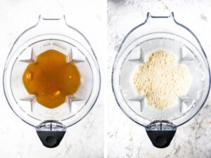 Two side by side photos. They are both overhead shots of a Vitamix blender - one before blending the ingredients to make vegan butterbeer and the other after blending.