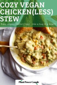 This vegan chicken(less) stew is the PERFECT winter comfort food! It's warm and soul-healing but also FULL of surprise veggies and flavor. It's also freezer-friendly and has a gluten-free option. #vegan #stew #veganrecipes #cauliflower #comfortfood