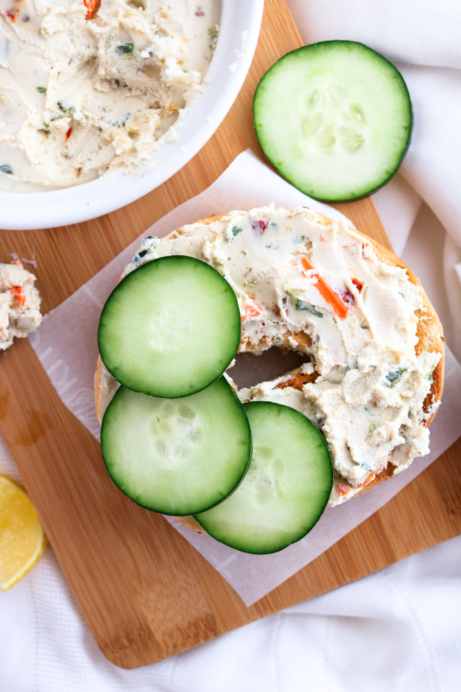 This easy vegan cream cheese recipe has had me up and dancing for joy around the kitchen every morning this week! It's bursting with flavor, has a soft creamy texture you have to taste to believe, and requires very minimal effort on your part. #vegan #tofu #coconutoil #dairyfree // plantpowercouple.com