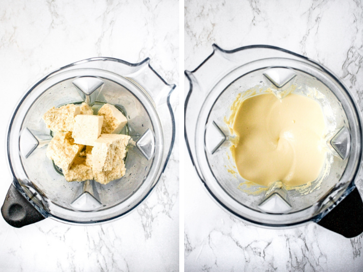 Two side by side photos of the first two steps of making vegan cream cheese. Add the tofu coconut oil, lemon juice, and sea salt to a high powered blender or food processor and blend until smooth and creamy and shiny.