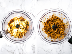 Process shots of how to make walnut meat. The photo on the left shows the walnuts, onions, garlic, and remainder of ingredients in a food processor before blending. The photo on the right shows the walnut meat after you pulse all the ingredients together.
