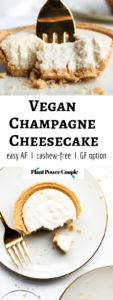 This easy vegan champagne cheesecake recipe is the perfect way to celebrate! Made with 7 simple ingredients, these tofu-based desserts combine the classic flavor of cheesecake with the celebratory spirit of champagne so perfectly I could cry! #vegan #cheesecake #dairyfree #tofu // plantpowercouple.com