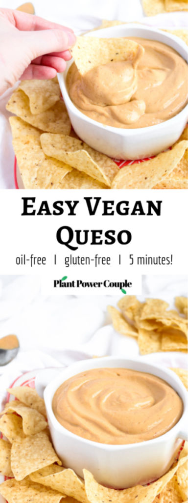 Make this incredible vegan queso in 5 minutes flat, no cashew-soaking or even a stove top required! It's creamy and flavorful and just begging to be poured (slow-mo-style) over all your nachos, tacos, and basically your entire life.﻿ #vegan #queso #superbowl #snack #appetizer #tacotuesday #veganrecipes #oilfree // plantpowercouple.com