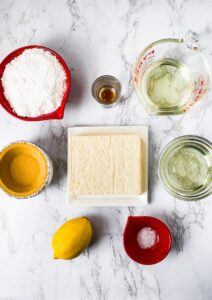 Overhead photo of all the ingredients you need to make vegan tofu cheesecakes